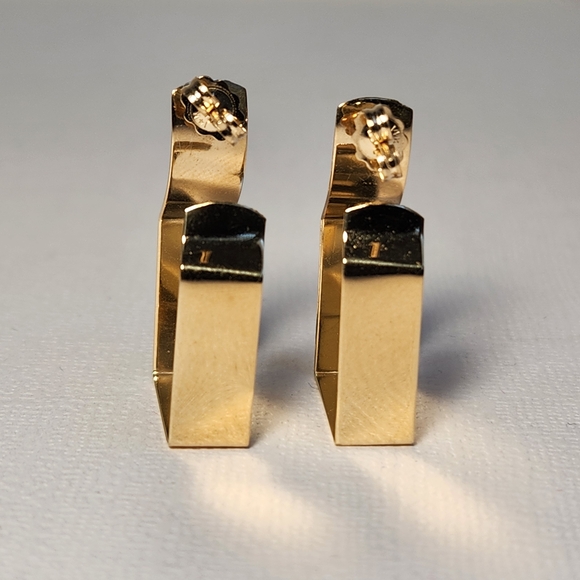 Rare Mid 80s 14K Gold Modernist Geometric Hoop & Diamond Stud Earrings 3.30g - Picture 7 of 16